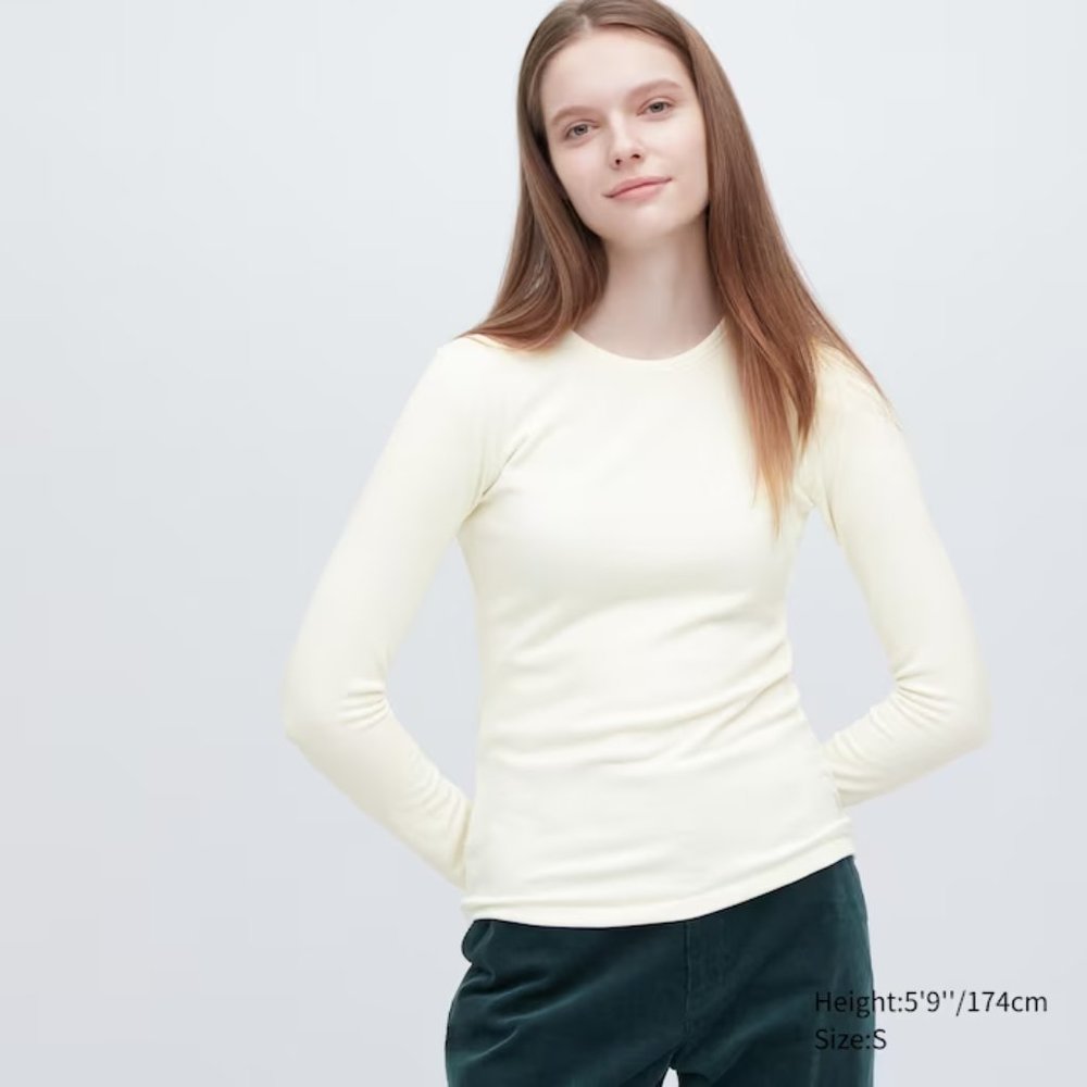 Uniqlo HEATTECH Ultra Warm Crew Neck Long-Sleeve T-Shirt - Off White
